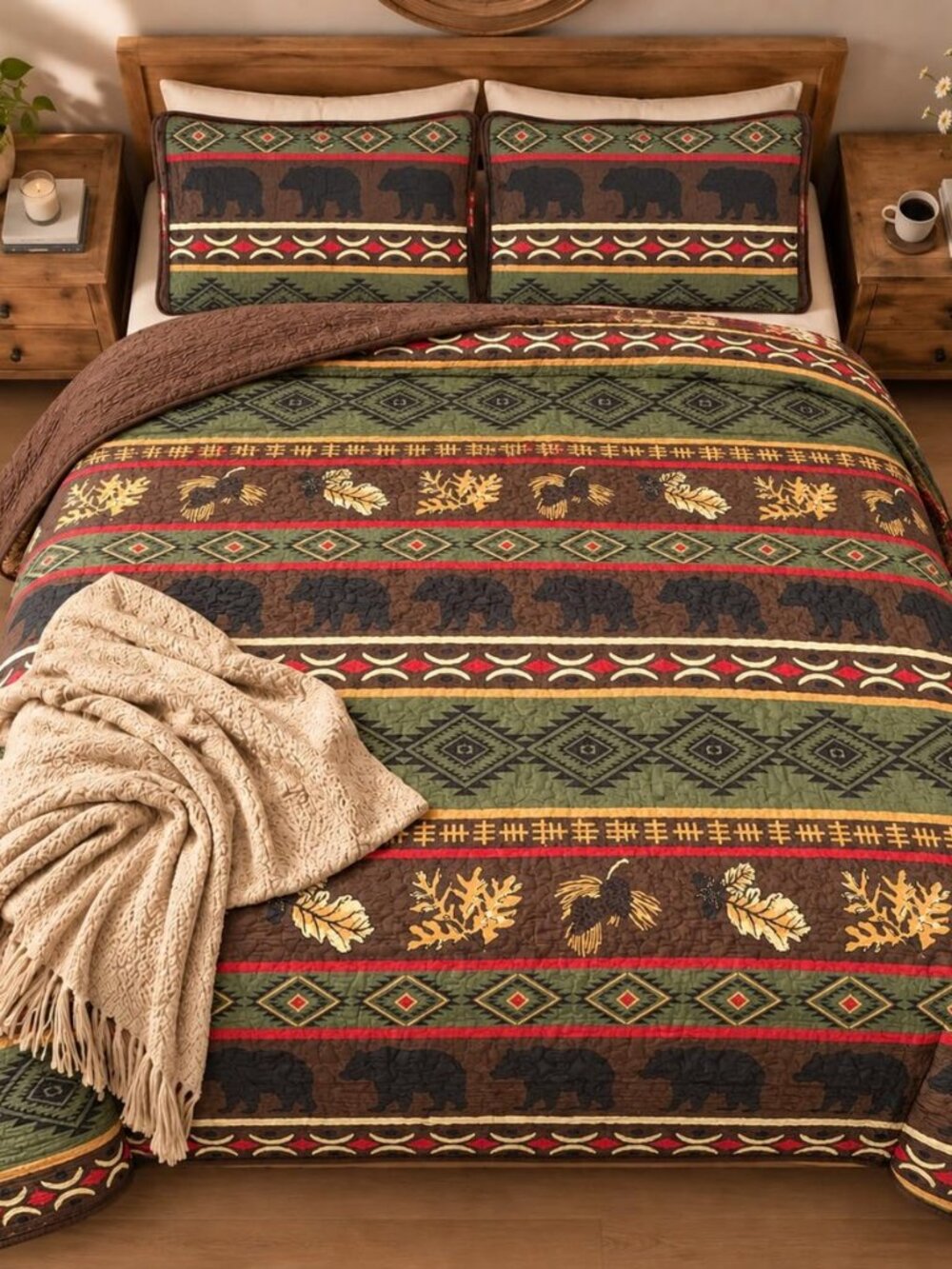 Western Brown Quilt Set with Grizzly Bears and Pinecone Prints, Queen (3 Piece